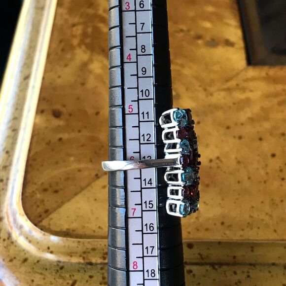 Natural Rhodolite Garnet Blue Zircon Sterling Silver Cocktail Ring Size 6 - Picture 7 of 9